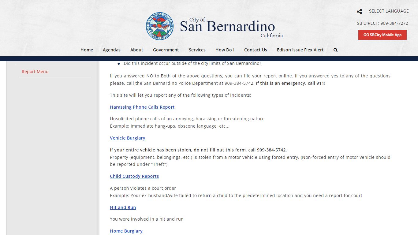 Report Menu - City of San Bernardino